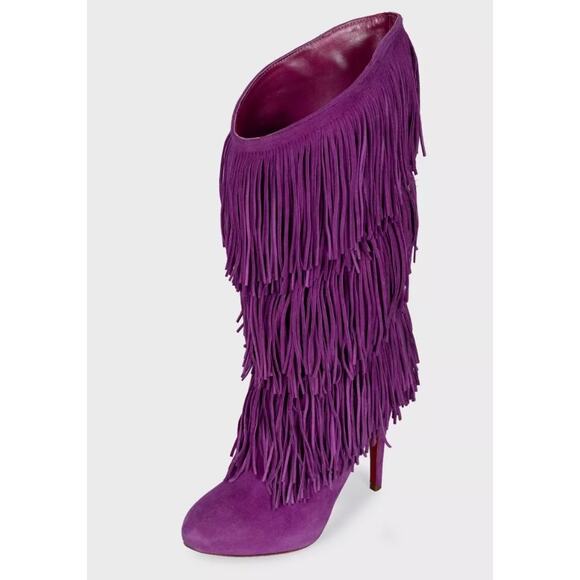 Christian Lauboutin Purple Suede Stiletto Fringe Boots Sz.37 - Picture 3 of 5